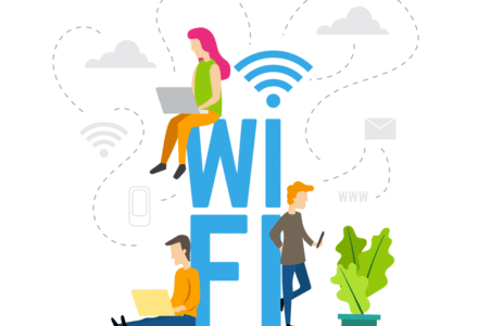 Tres personas con dispositivos móviles conectados con la palabra WiFi